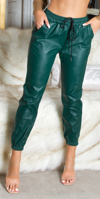Trendy hoge taille lederlook broek joggingbroek style groen